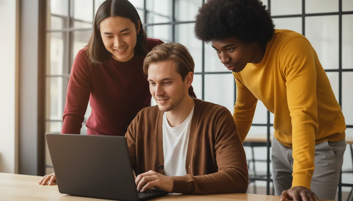 Three people collaborating at a laptop