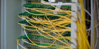 Yellow fibre optic cables connected to a numbered patch panel