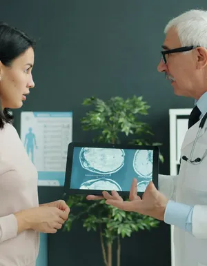 Doctor showing scan results on a tablet to a patient