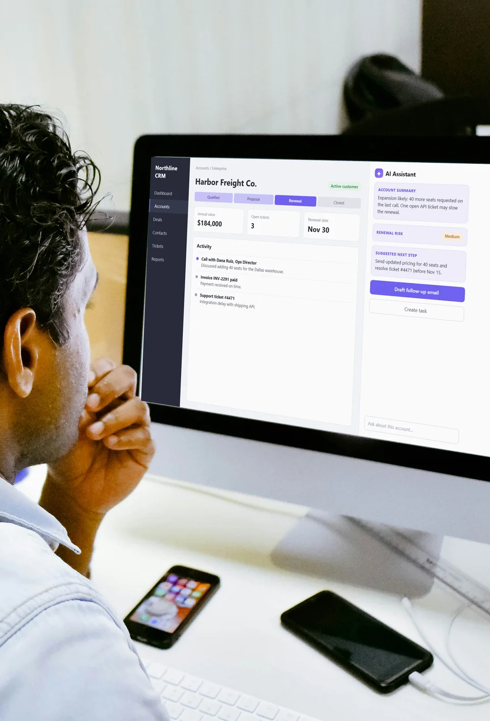 CRM account record with a built-in AI assistant panel