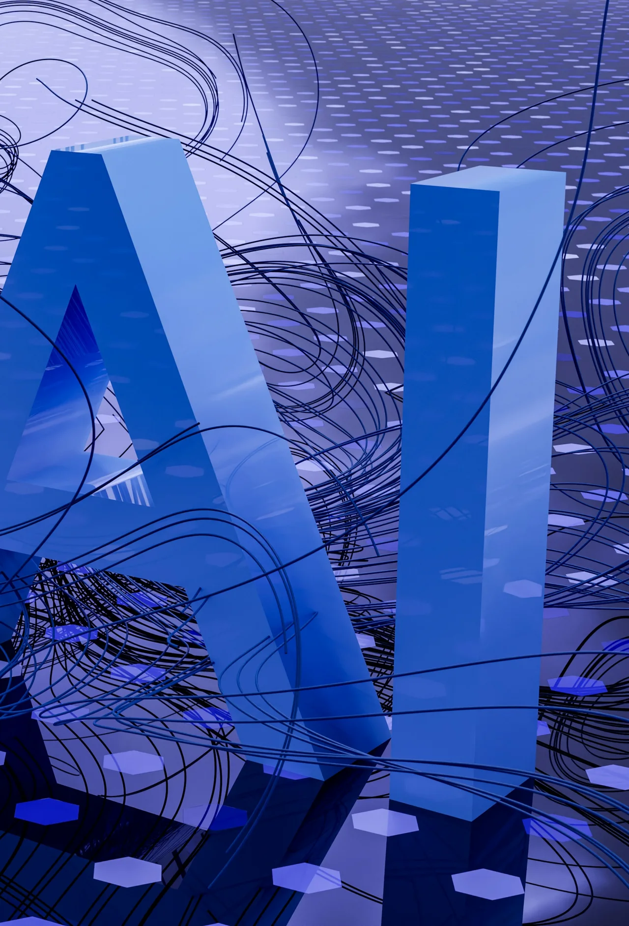 A 3D render of the letters AI on a glowing blue grid threaded with data lines