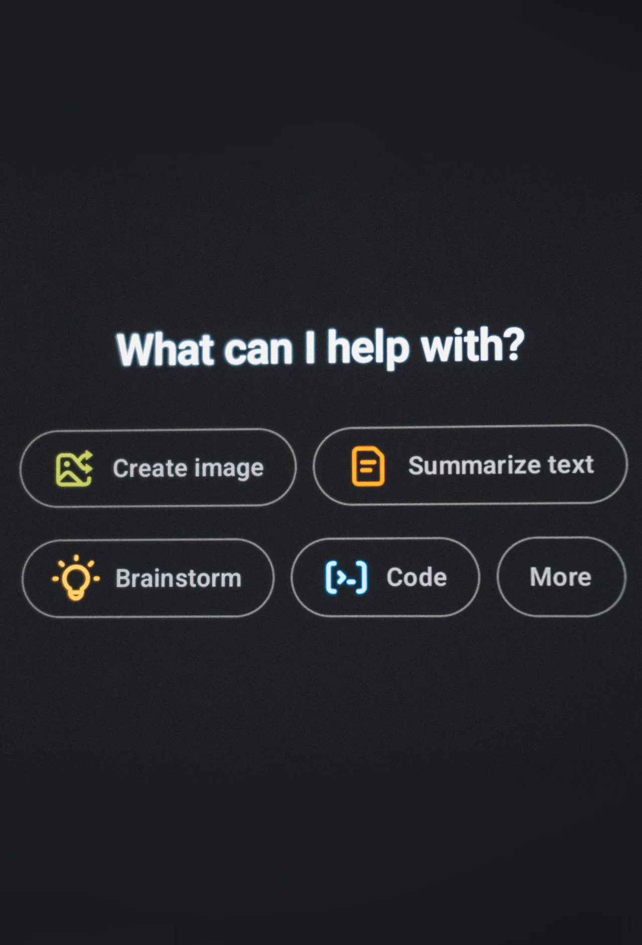 A generative AI app asking “What can I help with?” with options to create an image, summarize text, brainstorm, and code
